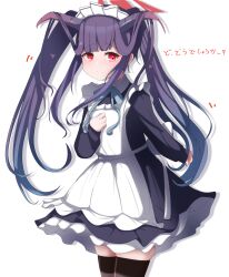 Rule 34 | 1girl, absurdres, alternate costume, alternate hairstyle, apron, black dress, black horns, black thighhighs, blue archive, closed mouth, commentary request, cowboy shot, demon horns, dress, fuuka (blue archive), hair on horn, halo, hand on own chest, highres, horns, long sleeves, looking at viewer, maid apron, maid headdress, moko sha (wao ko), red eyes, red halo, sidelocks, simple background, solo, thighhighs, translation request, twintails, white background