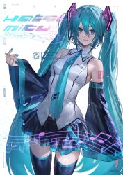 1girl aqua_eyes aqua_hair aqua_nails aqua_necktie arm_tattoo artist_logo artist_name black_skirt black_sleeves black_thighhighs breasts character_name collared_shirt commentary_request cowboy_shot detached_sleeves fingernails hair_between_eyes hand_up hatsune_miku headset highres light_smile logo long_hair looking_at_viewer miniskirt mizutama_(mao11260510) musical_note musical_staff necktie number_tattoo parted_lips pleated_skirt shirt skirt sleeveless sleeveless_shirt small_breasts solo tattoo thighhighs tie_clip twintails very_long_hair vocaloid watermark wide_sleeves zettai_ryouiki