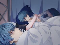 1boy 1girl 500_dollar_four_foot_tall_mareep_(meme) bags_under_eyes black_hair blue_hair body_pillow brant_(wuthering_waves) commentary english_commentary female_rover_(wuthering_waves) from_side half-closed_eyes highres hina1103 hugging_object indoors looking_up meme multicolored_hair official_art_inset pillow pillow_hug purple_eyes rover_(wuthering_waves) short_hair streaked_hair under_covers wuthering_waves