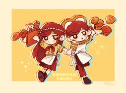 Rule 34 | 1boy, 1girl, :o, alternate skin color, ankle socks, apron, back-to-back, baguette, biscuit (omori), border, bread, bread slice, brother and sister, brown hair, brown pants, brown shoes, brown skirt, brown socks, buttons, character name, closed mouth, collared shirt, commentary request, crossed legs, deformed, dot nose, double-breasted, doughie (omori), film grain, food, food-themed hat, frown, full body, hair behind ear, halftone, hat, holding, holding hands, holding tray, long hair, medium skirt, o tori mhyk, omori, open mouth, outside border, pale skin, pants, pleated skirt, shirt, shoes, short hair, short sleeves, siblings, sidelocks, simple background, skirt, socks, sparkle, swept bangs, tray, twins, v-shaped eyebrows, very long hair, very short hair, waist apron, white apron, yellow background, yellow border, yellow eyes, yellow shirt