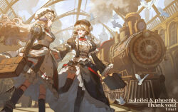 2girls absurdres artist_name bag bird black_dress black_socks black_thighhighs blue_eyes commission commissioner_name day dove dress ema3 feet_out_of_frame floating_hair frilled_dress frills from_below garter_straps hat highres holding holding_bag holding_hands horns juliet_sleeves kneehighs layered_dress locomotive long_sleeves looking_at_another mob_cap multicolored_dress multicolored_eyes multiple_girls open_mouth original puffy_sleeves red_eyes skeb_commission smile socks steam_locomotive steampunk talking thighhighs train_station train_station_platform walking white_bird white_dress white_hat wide_sleeves