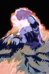 Rule 34 | 1boy, 1girl, absurdres, blonde hair, blue eyes, chinese commentary, coat, commentary request, cyrene (honkai: star rail), gold blood, hair ornament, highres, honkai: star rail, honkai (series), lap pillow, looking at another, lyaurelia12, medium hair, phainon (honkai: star rail), pink hair, purple coat, shadow, spikes, wheat, wheat field, yellow eyes