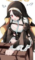1girl absurdres akinoji_(akiponpon27) black_hair black_veil blue_archive blush breasts briefcase commentary_request dress flying_sweatdrops halo highres hinata_(blue_archive) looking_at_viewer red_eyes sketch solo sweatdrop veil white_background yellow_halo