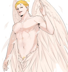 Rule 34 | 1boy, abs, angel, black clover, blonde hair, facial mark, feathered wings, flying, halo, highres, julius novachrono, looking at viewer, male focus, monsterification, navel, no nipples, octo33, short hair, smile, solo, toned, toned male, waving, wings