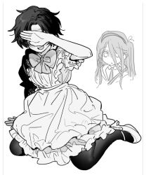 Rule 34 | 1boy, 1girl, apron, aris (blue archive), blue archive, blue archive the animation, bow, bowtie, cosplay, covering own eyes, dress, hair between eyes, hand up, jihecchi, long hair, maid, one side up, open mouth, pantyhose, parted bangs, puffy short sleeves, puffy sleeves, sakata shougo, sakata shougo (cosplay), sensei (blue archive), sensei (blue archive the animation), shoes, short sleeves, surprised, very long hair, voice actor connection