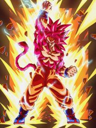 1boy arm_up aura blue_boots body_fur boots brown_background debris dragon_ball dragon_ball_daima electricity highres long_hair male_focus monkey_tail muscular muscular_male orange_pants pants red_eyes red_fur red_hair red_tail simple_background solo son_goku spiked_hair super_saiyan super_saiyan_4 tail topless_male yuyu09010316