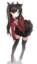 1girl absurdres black_skirt black_thighhighs blue_eyes breasts brown_hair cosmetics darkhawkayin fate/stay_night fate_(series) full_body highres holding holding_lipstick_tube leaning_forward lipstick_tube long_hair long_sleeves looking_at_viewer miniskirt parted_lips red_lips red_shirt shirt shoes simple_background skirt thighhighs tohsaka_rin two_side_up very_long_hair white_background zettai_ryouiki