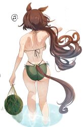 Rule 34 | 1girl, alternate costume, alternate hairstyle, animal ears, ass, backboob, beamed eighth notes, bikini, breasts, commentary request, eighth note, food, from behind, fruit, green bikini, highres, horse ears, horse girl, horse tail, itsuyoitsuyo, large breasts, musical note, partially submerged, ponytail, shoulder blades, side-tie bikini bottom, simple background, sirius symboli (umamusume), solo, spoken musical note, swimsuit, tail, umamusume, wading, water, watermelon, wet, white background