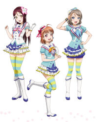 3girls ahoge aozora_jumping_heart artbook blue_eyes blush boots bow bracelet collarbone earrings flower frilled_skirt frills full_body gloves grey_hair hair_flower hair_ornament hand_on_own_hip hat highres jewelry knee_boots layered_skirt long_hair looking_at_viewer love_live! love_live!_sunshine!! multiple_girls neckerchief non-web_source official_alternate_costume official_art open_mouth orange_hair red_eyes red_hair sakurauchi_riko salute short_hair short_sleeves shorts simple_background skirt smile standing standing_on_one_leg takami_chika thighhighs watanabe_you white_background white_gloves yellow_eyes zettai_ryouiki
