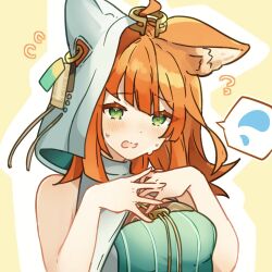 Rule 34 | 1girl, ahoge, animal ears, arknights, aza nonoka, bare shoulders, blush, commentary request, embarrassed, flying sweatdrops, green eyes, jewelry, looking at viewer, nervous sweating, open mouth, outline, own hands together, papyrus (arknights), simple background, sleeveless, solo, split mouth, spoken flying sweatdrops, sweat, upper body, wavy mouth, white outline, yellow background