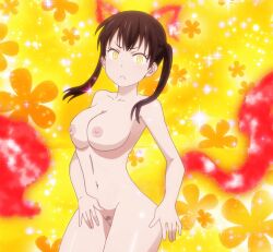 1girl animal_ears anime_screenshot bishie_sparkle blush breasts brown_hair cat_ears completely_nude curvy embarrassed en&#039;en_no_shouboutai floral_background light_blush looking_at_viewer medium_breasts nude nude_filter pussy shiny_skin sideboob slowad5137 sparkle sparkle_background tamaki_kotatsu tears third-party_edit twintails uncensored yellow_background yellow_eyes