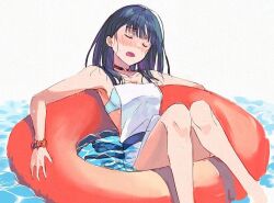 Rule 34 | 1girl, apron, bikini, black hair, blush, breasts, closed eyes, gridman universe, gridman universe (movie), jewelry, long hair, necklace, official alternate costume, open mouth, risyo, scrunchie, solo, swim ring, swimsuit, takarada rikka, water, wet, wrist scrunchie