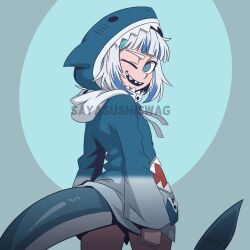 1girl blue_eyes blue_hair blue_hoodie blunt_bangs commentary english_commentary fins fish_tail from_behind gawr_gura gawr_gura_(1st_costume) grey_hair grey_hoodie highres hololive hololive_english hood hoodie long_sleeves looking_at_viewer multicolored_hair one_eye_closed open_mouth sayasushiswag shark_girl shark_tail sharp_teeth solo streaked_hair tail teeth two-tone_hoodie two_side_up virtual_youtuber watermark
