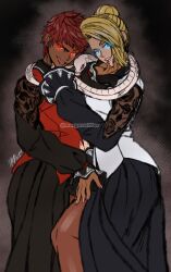2girls absurdres blonde_hair blue_eyes brown_hair curvy dark-skinned_female dark_skin dress earrings female_focus formal_clothes glowing glowing_eyes hair_bun highres jewelry leg_up licking licking_lips long_hair long_sleeves looking_back mature_(kof) mergeritter mergerwitter multiple_girls open_mouth pale_skin pantyhose red_eyes short_hair skirt smile smiley_face snake standing tan the_king_of_fighters thick_thighs thighhighs thighs tongue tongue_out vice_(kof) wide_hips yuri