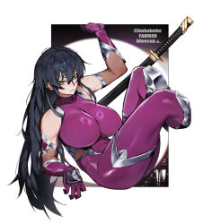 1girl ass black_hair bluecup bodysuit breasts cropped_legs gloves green_eyes highres igawa_asagi impossible_bodysuit impossible_clothes katana large_breasts latex latex_bodysuit long_hair looking_at_viewer purple_bodysuit purple_gloves sheath sheathed shiny_clothes sleeveless sleeveless_bodysuit solo sword taimanin_(series) taimanin_asagi weapon wide_hips window