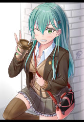 Rule 34 | 1girl, ;&lt;, ayakase hotaru, breasts, brown thighhighs, cleavage, clenched teeth, commentary request, drinking straw, female focus, green eyes, green hair, hair between eyes, highres, kantai collection, long hair, looking at viewer, pocketbook, solo, suzuya (kancolle), teeth, thighhighs