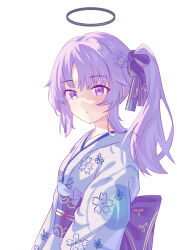 1girl absurdres alternate_costume alternate_hairstyle black_halo blue_archive blue_kimono blush bow commentary_request floral_print floral_print_kimono flower from_side hair_bow hair_flower hair_ornament hair_ribbon halo highres japanese_clothes kaihuafugui kimono long_hair long_sleeves looking_at_viewer mechanical_halo obi print_kimono purple_bow purple_eyes purple_flower purple_hair purple_ribbon ribbon sash side_ponytail sidelocks simple_background solo upper_body white_background yuuka_(blue_archive)