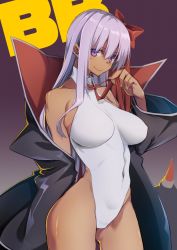 10mo 1girl bb_(fate) bb_(swimsuit_mooncancer)_(fate) bb_(swimsuit_mooncancer)_(third_ascension)_(fate) black_background black_coat breasts character_doll coat commentary_request contrapposto dark-skinned_female dark_skin fate/grand_order fate_(series) gradient_background highleg highleg_leotard highres impossible_clothes impossible_leotard leotard looking_at_viewer medium_breasts popped_collar purple_eyes purple_hair red_ribbon ribbon solo tan text_background white_leotard