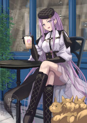 1girl baby_animal black_boots black_gloves black_hat black_skirt boots breasts cerberus chair cup dog elbow_gloves fate/grand_order fate_(series) glasses gloves grin hair_ornament hairclip hat highres knee_boots ksfactory large_breasts long_hair long_sleeves looking_at_viewer medusa_(fate) medusa_(saber)_(fate) medusa_(saber)_(fgo_fes._2025)_(fate) open_mouth parted_bangs pink-tinted_eyewear puppy purple_eyes purple_hair round_eyewear shirt sidelocks sitting skirt smile table tinted_eyewear unworn_eyewear very_long_hair white_shirt