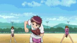 10s animated animated_gif baseball bat_(animal) binbougami_ga! brown_hair green_eyes grey_hair lowres momiji_(binbougami_ga!) multiple_girls sakura_ichiko sportswear