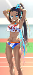 1girl absurdres armpits arms_up bare_shoulders black_hair blue_eyes blue_eyeshadow blue_hair blurry blurry_background bracelet breasts closed_mouth collarbone commentary creatures_(company) dark-skinned_female dark_skin earclip eyeshadow feet_out_of_frame game_freak highres jewelry long_hair looking_at_viewer makeup medium_breasts midriff multicolored_hair navel necklace nessa_(pokemon) nintendo pokemon pokemon_swsh race_bib safety_pin solo sports_bikini standing tm_(hanamakisan) track_and_field two-tone_hair tying_hair
