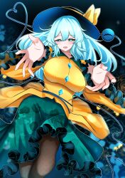 1girl absurdres aqua_eyes aqua_hair black_hat black_pantyhose breasts cowboy_shot floral_print green_skirt hat heart highres koishi_day komeiji_koishi large_breasts long_hair pantyhose print_skirt reaching reaching_towards_viewer rose_print shirt skirt solo third_eye touhou xen0moonz yellow_shirt