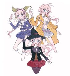 1girl ahoge antenna_hair bikini black_jacket blonde_hair blue_eyes blush bow bowtie breasts chabashira_tenko chabashira_tenko_(cosplay) choker cleavage collared_jacket collared_shirt cosplay danganronpa_(series) danganronpa_v3:_killing_harmony fighting_stance frills gem_hair_ornament hair_ornament hair_ribbon hairband hat hat_belt highres iruma_miu jacket jewelry large_breasts layered_skirt long_hair long_sleeves looking_at_viewer low_twintails mmr_0x navel necklace open_mouth pantyhose pink_choker pink_hairband pleated_skirt raincoat red_skirt ribbon sailor_collar school_uniform shell shell_necklace shirt simple_background skirt smile sparkle swimsuit twintails white_background white_bow white_bowtie witch_hat yellow_raincoat yonaga_angie yonaga_angie_(cosplay) yumeno_himiko yumeno_himiko_(cosplay)