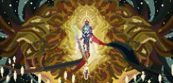 1boy arcane:_league_of_legends armor cape clenched_hand colored_skin floating floating_cape glowing halo halo_behind_head highres holding holding_staff knees_apart_feet_together league_of_legends male_focus narrow_waist pixel_art red_skin sky solo staff star_(sky) starry_sky tomoshi_exe viktor_(arcane) viktor_(league_of_legends) white_eyes