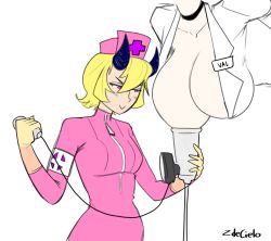 Rule 34 | blonde hair, bodysuit, breast pump, gloves, hat, highres, horns, latex, latex bodysuit, latex gloves, milking machine, name tag, nurse, nurse cap, patty (skullgirls), skullgirls, tagme, valentine (skullgirls), zdecielo