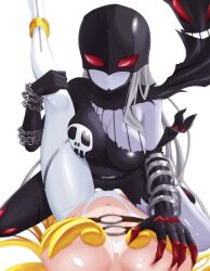 2girls absurdres angel_and_devil angewomon asymmetrical_clothes belt black_belt black_bodysuit blonde_hair bodysuit boobplate boots breastplate breasts chain claws cleavage closed_mouth clothing_cutout colored_skin commentary demon_girl digimon digimon_(creature) english_commentary female_pov grabbing_another&#039;s_breast grey_hair grey_skin groping highres holy_ring imminent_tribadism ladydevimon large_breasts leg_up long_hair looking_at_viewer mask multiple_girls navel o-ring o-ring_belt omeka_gamma pov red_eyes simple_background single_bare_shoulder skull_print smile stitches stomach_cutout torn_bodysuit torn_clothes white_background white_bodysuit white_boots yuri zipper