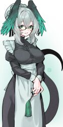 1girl alternate_costume apron aqua_eyes arknights black_dress breasts closed_mouth cowboy_shot dress enmaided feathered_wings glasses grey_hair hair_between_eyes head_wings high_collar highres ho&#039;olheyak_(arknights) holding long_sleeves long_tail looking_at_viewer maid maid_apron medium_hair puffy_sleeves shima_(wideshi_ma) sidelocks simple_background smile snake_tail solo tail white_background wings