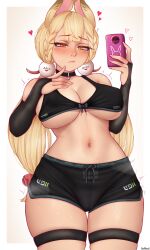 1girl alice_thymefield animal_ears black_shorts blonde_hair blush bra braid breasts cellphone embarrassed heterochromia highres holding holding_phone large_breasts long_hair low_twintails navel phone rabbit_ears rabbit_girl red_eyes reowocchi short_shorts shorts simple_background smartphone sphere_hair_ornament taking_picture thighs twintails underwear yellow_eyes zenless_zone_zero