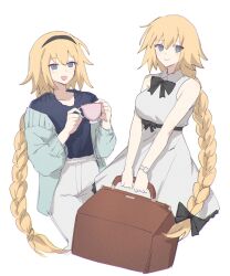 Rule 34 | 1girl, bare shoulders, black bow, black bowtie, black hairband, black shirt, blonde hair, blue eyes, blush, bow, bowtie, braid, braided ponytail, breasts, closed mouth, commentary, cup, dress, fate/grand order, fate (series), hair bow, hairband, highres, holding, holding cup, holding suitcase, jacket, jeanne d&#039;arc (fate), large breasts, long hair, looking at viewer, multiple views, nekwnek, open mouth, pants, red bow, shirt, simple background, sleeveless, sleeveless dress, smile, suitcase, sweater jacket, watch, white background, white dress, white pants
