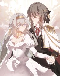 Rule 34 | 2girls, blush, breasts, cleavage, collared shirt, dress, epaulettes, firefly (honkai: star rail), frilled shirt collar, frills, gradient hair, grey hair, hair between eyes, hair intakes, hair ornament, hair ribbon, hairband, hand grab, highres, honkai: star rail, honkai (series), light smile, long hair, medium breasts, minutes (minutes draw), multicolored hair, multiple girls, neck ribbon, ribbon, shirt, single epaulette, stelle (honkai: star rail), trailblazer (honkai: star rail), white dress, white shirt, yellow eyes, yellow hairband