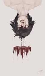 1boy absurdres black_hair blood blood_drip blood_from_mouth blood_on_face closed_eyes collarbone commentary crown english_commentary eyelashes final_fantasy final_fantasy_xv grey_background highres male_focus noctis_lucis_caelum nude parted_lips short_hair signature simple_background solo upside-down ziireaux_18