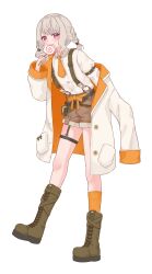 1girl absurdres arm_belt belt_pouch blonde_hair blouse boots braid brown_boots brown_shorts candy coat facial_mark food full_body garter_straps highres holding holding_candy holding_food holding_lollipop komori_met komori_met_(6th_costume) light_blush lollipop necktie orange_necktie pink_eyes pouch shirt shirt_tucked_in shorts simple_background single_garter_strap single_off_shoulder sleeve_cuffs solo standing standing_on_one_leg suspenders swirl_lollipop thigh_strap twin_braids virtual_youtuber vspo! white_background white_coat white_shirt zephda