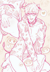 Rule 34 | 1boy, animal print, bulge, collar, cow print, cow tail, cowbell, free!, hand on own ass, heart, horns, jacket, johanndro, open clothes, open jacket, spoken heart, tachibana makoto, tail