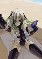 absurdres antennae arm_up armpits arthropod_girl beach bikini blame_4407 braid breasts bug claws cleavage colored_skin glasses green_hair green_skin highres indie_virtual_youtuber insect insect_girl juniper_actias mature_female monster_girl moth moth_girl selfie striped_bikini striped_clothes sunglasses sweat sweatdrop swimsuit towel virtual_youtuber water water_gun white_hair
