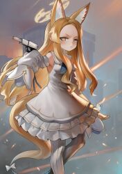1girl absurdres animal_ear_fluff animal_ears bird blonde_hair blue_archive breasts cross_halo detached_sleeves dokomon dress extra_ears forehead fox_ears fox_girl fox_tail gun halo handgun highres holding holding_gun holding_weapon long_hair pantyhose seia_(blue_archive) sleeve_bow sleeves_past_fingers sleeves_past_wrists small_breasts solo striped_clothes striped_pantyhose tail vertical-striped_clothes vertical-striped_pantyhose very_long_hair weapon webley_self_loading_pistol white_bird white_dress yellow_eyes yellow_halo