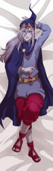 1boy anime_coloring arm_behind_head bed_sheet black_eyeliner body_pillow cloak collared_cloak crossed_legs dakimakura_(medium) eyeliner eyes_visible_through_hair facial_mark gem gem_hat_ornament gold_belt hat hat_ornament highres lavleyart long_hair long_sleeves looking_up lying makeup male_focus nintendo non-web_source on_back on_bed open_mouth pale_skin parted_lips pillow pointy_ears purple_cloak purple_hair purple_hat purple_tunic red_eyes red_gemstone red_sandals sandals sidelocks smile solo teeth the_legend_of_zelda the_legend_of_zelda:_the_minish_cap tongue tunic upper_teeth_only vaati