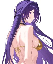 1girl absurdres acheron_(honkai:_star_rail) alternate_costume bare_shoulders bikini black_choker breasts choker commentary earrings english_commentary from_behind gold_bikini hair_ornament highres honkai:_star_rail honkai_(series) jewelry large_breasts long_hair looking_at_viewer median_furrow parted_lips purple_eyes purple_hair samlatte shoulder_blades sidelocks sign simple_background solo swimsuit upper_body very_long_hair white_background