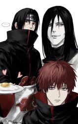 Rule 34 | ..., 3boys, akatsuki uniform, apron, black hair, brown eyes, commentary request, egg, egg (food), facial mark, food, forehead protector, high collar, highres, holding, holding plate, konohagakure symbol, korean commentary, long hair, looking at viewer, male focus, multiple boys, naruto (series), naruto shippuuden, orochimaru (naruto), pale skin, plate, red eyes, red hair, sasori (naruto), short hair, simple background, slit pupils, sso s, teeth, uchiha itachi, upper body, upper teeth only, waist apron, white background, yellow eyes
