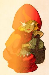 1girl apron b.b._hood basket bengus blonde_hair boots capcom darkstalkers dress evil_smile facing_viewer game_cg highres hood looking_at_viewer marvel_vs._capcom marvel_vs._capcom_2 no_pupils non-web_source official_art open_mouth picnic_basket red_hood simple_background smile solo standing tsurime