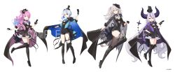 4girls absurdres amane_kanata animal_ears black_boots black_gloves black_hat black_thighhighs boots breasts cape cleavage closed_mouth demon_girl demon_horns demon_tail full_body gloves grey_hair hair_between_eyes hand_on_own_hip hat heterochromia high_heel_boots high_heels highres himemori_luna hololive horns la+_darknesss lion_ears lion_girl long_hair looking_at_viewer multicolored_hair multiple_girls official_art open_mouth over-kneehighs pink_hair purple_hair sample_watermark shishiro_botan short_hair short_sleeves simple_background smile standing standing_on_one_leg streaked_hair tail thigh_boots thighhighs thighhighs_under_boots top_hat virtual_youtuber watermark white_background white_thighhighs yu-ri_(arium047)