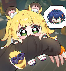 2girls :3 animal_ear_fluff animal_ears belle_(zenless_zone_zero) biting blonde_hair blunt_bangs blush bow chibi chibi_inset commentary fang fang_out fingerless_gloves flying_sweatdrops gloves green_eyes hair_ornament highres hue_oo ju_fufu korean_commentary letter_hair_ornament long_hair long_sleeves multiple_girls o_o orange_gloves photo-referenced purple_bow purple_shoes shoes skin_fang socks tail tail_bow tail_ornament tears tiger_ears tiger_girl tiger_tail white_socks zenless_zone_zero