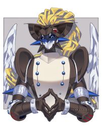 Rule 34 | blonde hair, blue eyes, border, brown armor, brown helmet, confeito000 333, digimon, digimon (creature), duftmon, feathered wings, grey background, helmet, highres, looking at viewer, simple background, solo, upper body, white border, white wings, wings