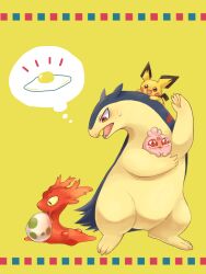 amemachi_(nono_a) creatures_(company) egg egg_(food) fangs food game_freak gen_2_pokemon holding holding_pokemon igglybuff nintendo no_humans open_mouth pichu pokemon pokemon_(creature) pokemon_egg red_eyes slugma speech_bubble spoken_food standing sweatdrop tears thought_bubble typhlosion yellow_background