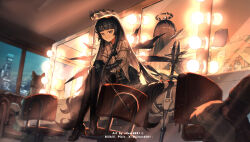 1other 2girls arknights ascot black_eyes black_gloves black_hair black_halo black_skirt black_thighhighs blunt_bangs bow_(music) broken_halo closed_mouth collared_shirt dark_halo detached_wings elbow_gloves energy_wings gloves halo highres hime_cut holding holding_bow_(music) indoors long_hair looking_at_viewer mint_(arknights) mirror mole mole_under_eye multiple_girls shirt sidelocks silver4581 sitting skirt smile solo_focus straight_hair thighhighs virtuosa_(arknights) white_shirt wide_shot wings