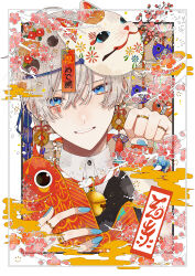 1girl absurdres bell blue_eyes cherry_blossoms coin coin_on_string earrings floral_border fox_mask grey_hair grin hair_between_eyes hair_ornament highres holding holding_mask jewelry looking_at_viewer mask nail_polish narrowed_eyes original shira_mame93 smile smoke smoke_trail solo tassel tassel_earrings white_hair