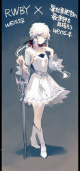 Rule 34 | 1girl, absurdres, character name, character request, cosplay, dress, female focus, highres, isekai meikyuu no saishinbu wo mezasou, long hair, myrtenaster, rwby, solo, standing, translation request, ukai saki, wedge heels, weiss schnee, weiss schnee (cosplay), white dress, white hair
